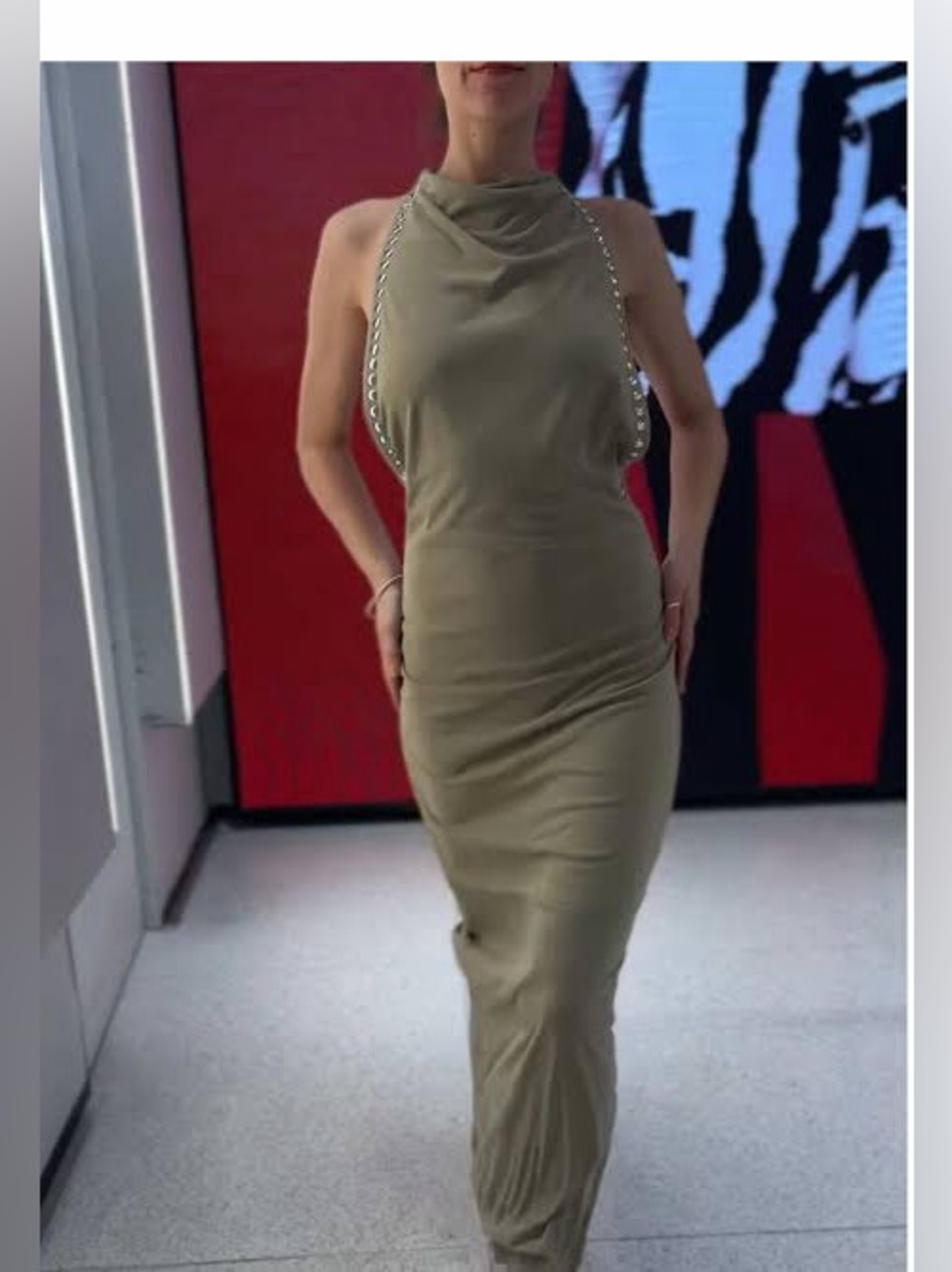 Zara Olive Green Chain-Trim Halter Midi Dress